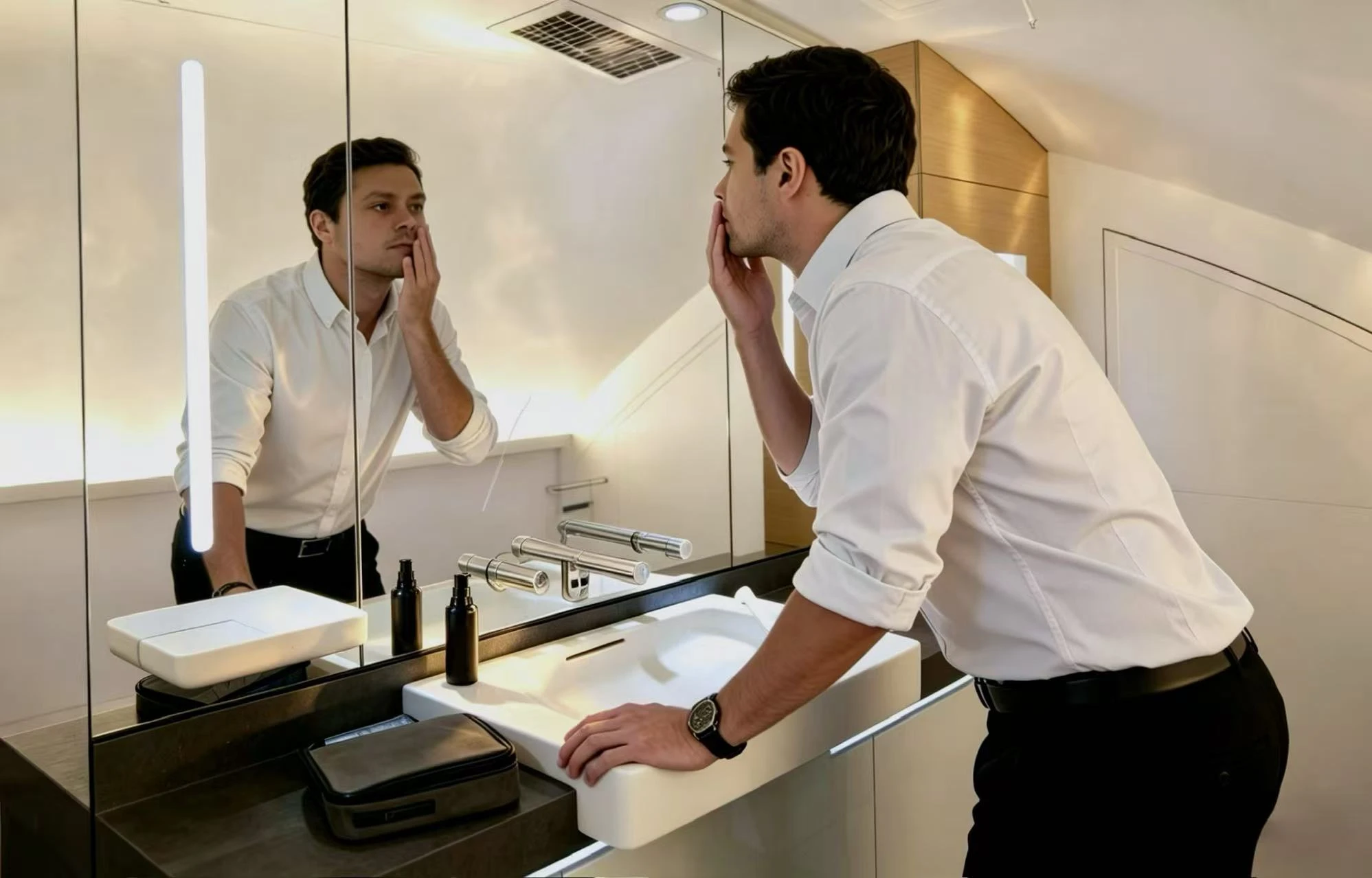 NeolabCare First-Class Lavatory — man applying skincare at aircraft bathroom mirror
