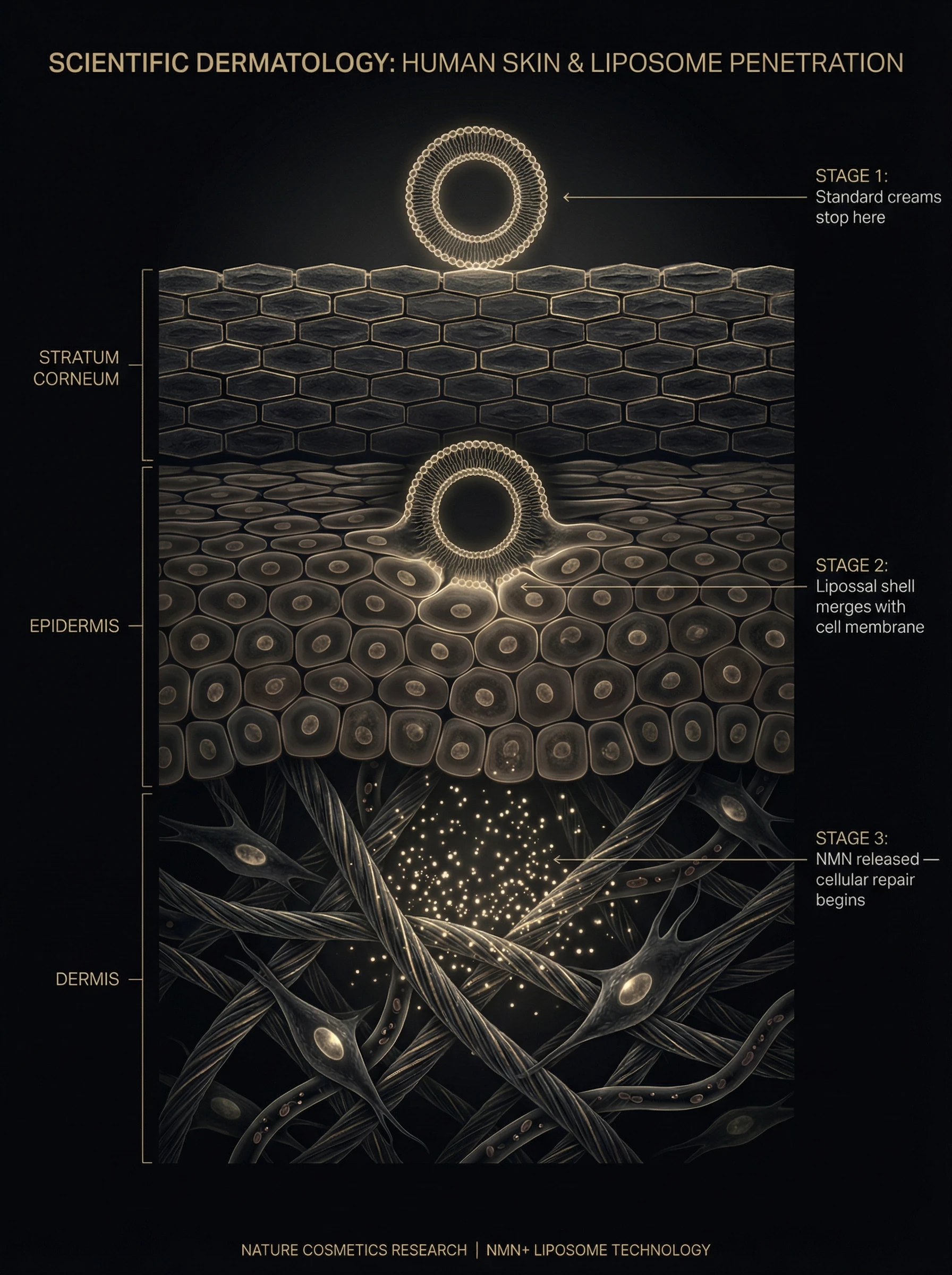 Liposomal NMN skin penetration cross-section diagram